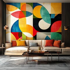 Modern living room featuring bold geometric abstract wall art picture