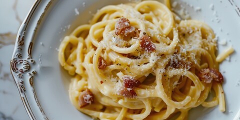 Poster - Delicious Bucatini alla Carbonara Traditional Italian Recipe with Egg Sauce Guanciale and Pecorino