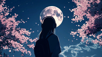 Wall Mural - beautiful illustration beautiful anime girl in pink with sakura and moon