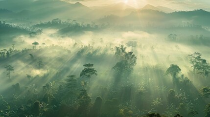 Wall Mural - panoramic view of the mountains with fog and sunrays, forest in the foreground,