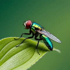 Macro photo of an ordinary house fly perched on bright green leaves