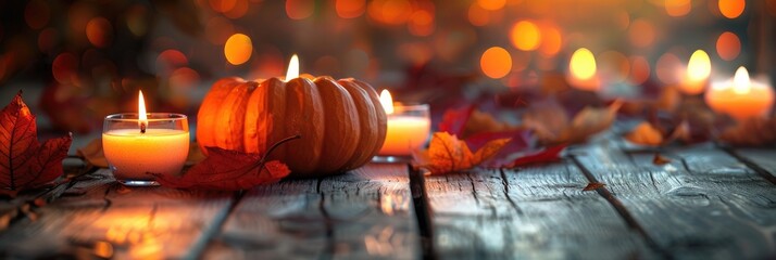 Autumn Halloween Atmosphere Featuring Orange Pumpkin and Tealight Candles