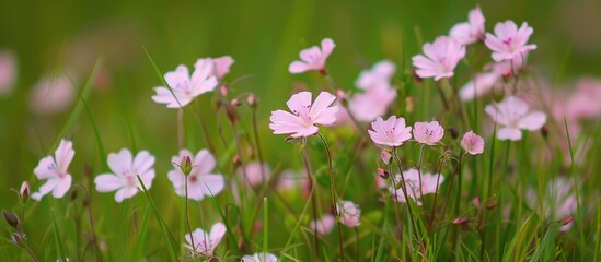 Poster - Beautiful Small Pink Flowers In A Grass Field