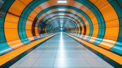 A striking futuristic tunnel adorned in bright orange and blue hues stretches ahead, creating an illusion of depth and motion. This modern design invites exploration and intrigue