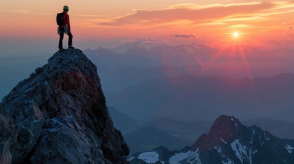 Photo of A rock climber on the top of an alpine mountain at sunrise, with panoramic views in background