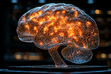 Poster - a detailed brain sculpture with intricate patterns and lights, symbolizing the beauty of complex neu