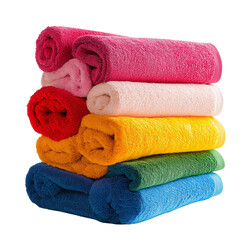 Wall Mural - Stack of vibrant, rolled towels in various colors arranged perfectly isolated on transparent background