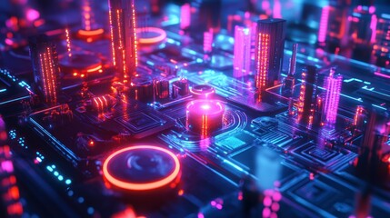 Poster - Abstract Neon Cityscape with Glowing Towers and Circuitry