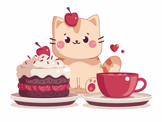 Poster - Cute cat with cup of coffee and cake. Vector illustration.