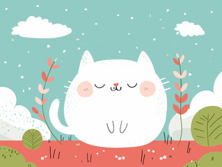 Wall Mural - cute cat cartoon in the field landscape background vector illustration graphic design