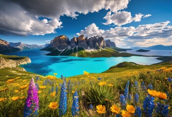 vibrant colorful landscape showcasing popular travel destinations world, scenic, nature, outdoor, mountains, lakes, rivers, forests, beaches, sunsets