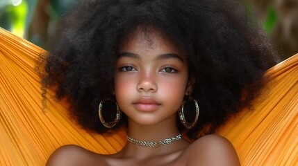 A young girl with curly hair enjoys a peaceful moment in a bright hammock surrounded by green foliage. The sun casts a warm glow on her joyful expression