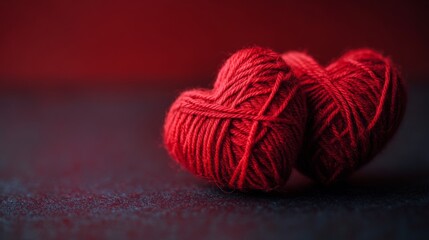 Beautiful red hearts made of yarn on a dark surface. Hearts made of red yarn in the concept of love and togetherness.