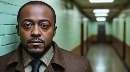 The multiracial man with a serious expression wears a brown coat, standing in a narrow corridor with muted green walls, exuding confidence and poise