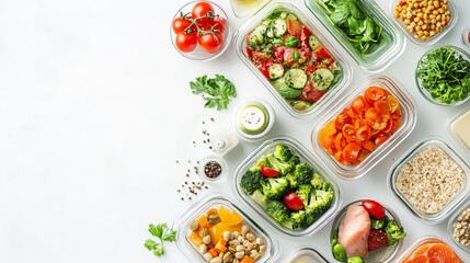 Glass Containers: Showcasing a variety of meals such as salads, grains, proteins, and fruits. The transparency of the containers highlights the freshness and variety of the food.
