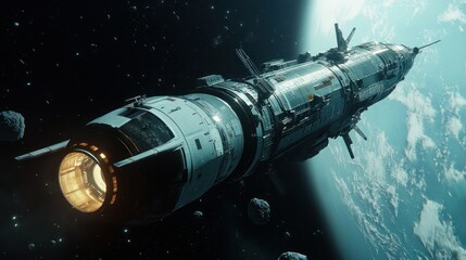 Poster - Futuristic Spaceship Orbiting a Blue Planet