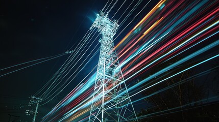 Electric Tower Against a Night Sky with Colorful Light Streaks