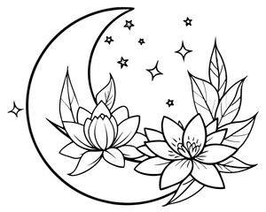 Wall Mural - floral moon line art illustration,Moon SVG Bundle, Floral Moon svg, Mystic Celestial Svg, Moon and Stars SVG, Crescent Moon Svg, Flower svg, Cut File for Cricut, Silhouette