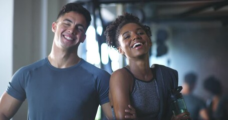 Wall Mural - Gym, fitness teamwork and couple of friends for workout, training and exercise support in portrait. Face of happy woman, man or personal trainer arms crossed in confidence, wellness and health