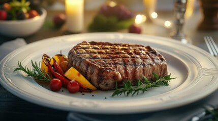 Wall Mural - Grilled Steak with Rosemary and Roasted Peppers on White Plate