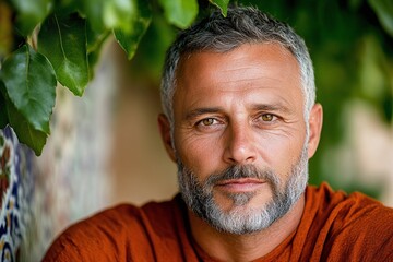 Close-up portrait of a mature man with grey hair and a beard, set against a natural background with green leaves, highlighting wisdom and experience. Ideal for lifestyle features, mature fashion, and 