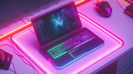 Poster - Neon-Lit Gaming Setup with Laptop, Headset and Mousepad