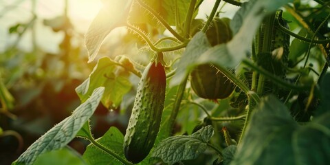 Wall Mural - Large cucumber thriving in a greenhouse Locally cultivated harvest