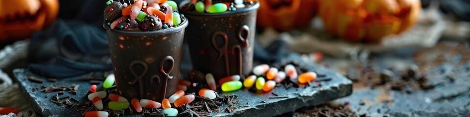 Poster - Charming and playful Halloween confections featuring gravestone-inspired chocolate cups alongside witch finger cookies and gummy worms.