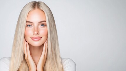 Wall Mural - Portrait of a young woman with long, straight platinum blonde hair and a soft smile against a light background. Perfect for beauty, fashion, and lifestyle banners, marketing, and design with a focus o