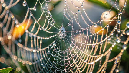 Wall Mural - A macro shot of a dew-covered spider web with droplets glistening in the early morning sunlight