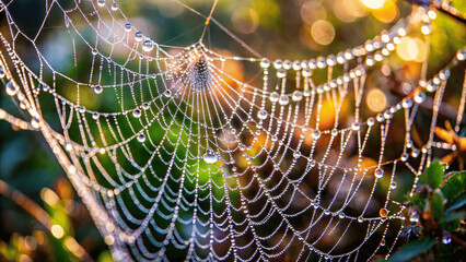 Wall Mural - A macro shot of a dew-covered spider web with droplets glistening in the early morning sunlight