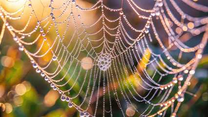 Wall Mural - A macro shot of a dew-covered spider web with droplets glistening in the early morning sunlight