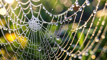 Wall Mural - A macro shot of a dew-covered spider web with droplets glistening in the early morning sunlight