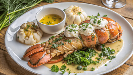 A meticulously detailed shot of a gourmet seafood dish featuring a lobster tail, garlic butter, and fresh herbs, presented on a fine dining plate