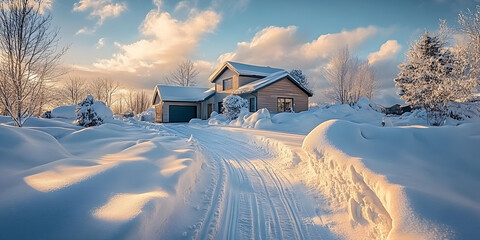 snowdrifts cleared from driveway of modern single family home after blizzard