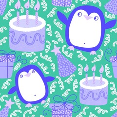 Wall Mural - Cartoon birthday seamless penguin and cake pattern for wrapping paper