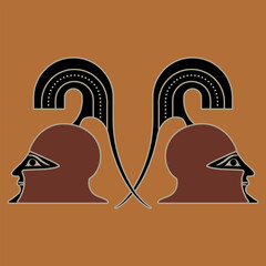 Wall Mural - Symmetrical ethnic design with two heads of Ancient Greek warriors in a helmets. Twin brothers Dioscuri. Martial emblem. Vase painting style.