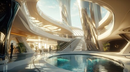 Sticker - Futuristic Interior with Pool and Staircase in a Modern Building