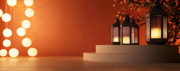 Podium with holiday lanterns, warm glow, 3D illustration