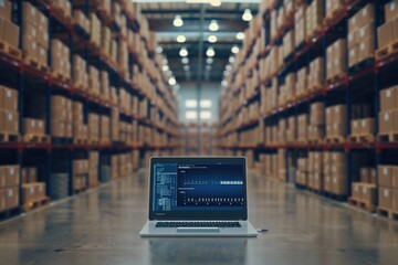 Poster - A laptop computer placed on a table in a warehouse setting, suitable for office or industrial use