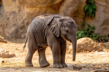 Canvas Print - Young elephant stands on a sunny dirt field, looking around