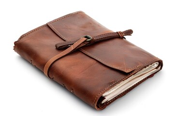 Sticker - A brown leather journal with a leather strap