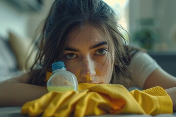 Poster - A woman applying a facial treatment with a bottle