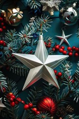 Poster - A close-up shot of a shiny star ornament on a Christmas tree