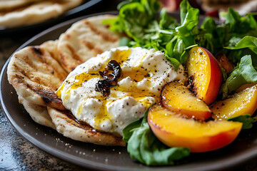 Wall Mural - A plate of whipped ricotta with fresh roasted peaches and pitta slices served with a balsamic drizzle and herbs.