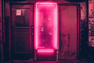 Poster - Pink neon sign lighting up a doorway entrance, ideal for nightclubs or events