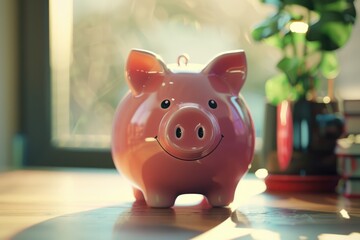 Poster - A pink piggy bank sitting on a table, often used for storing money and savings