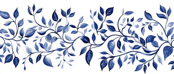 A blue and white floral design with leaves and vines