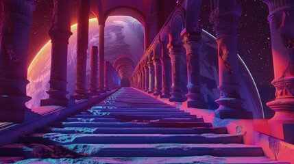 Poster - A surreal scene of a stairway leading upwards into the moonlit sky, ideal for use in illustrations and designs related to space travel, futurism, and science fiction