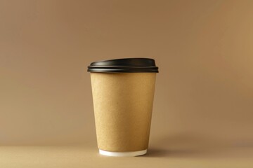 Poster - A cup of coffee sits on a brown table